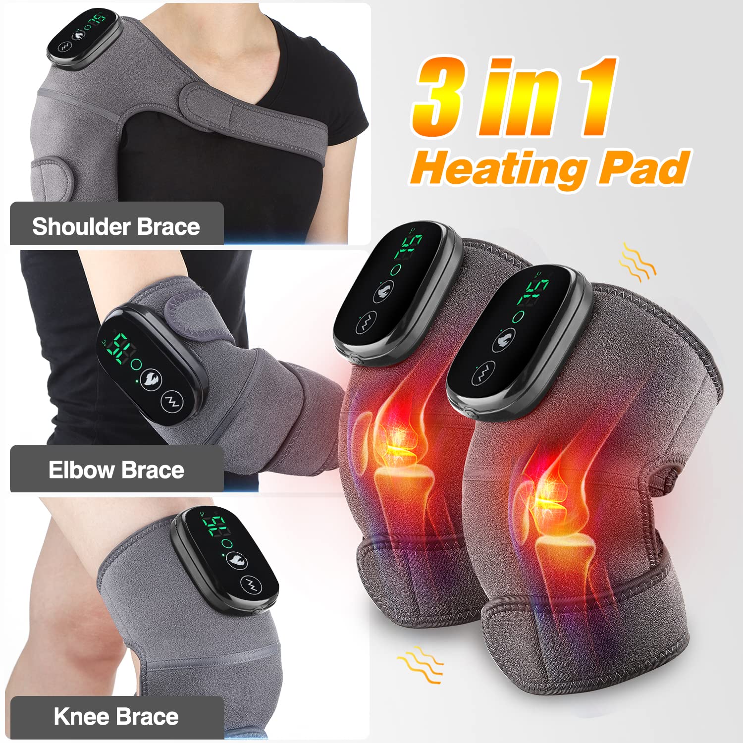 MOAJAZA Heated Knee Massager Shoulder Heating Pads Elbow Brace 3 in 1 with Vibration, Cordless Rechargeable Heating Knee Warmers Wrap for Shoulder Elbow Knee Stress Relief 2 Packs