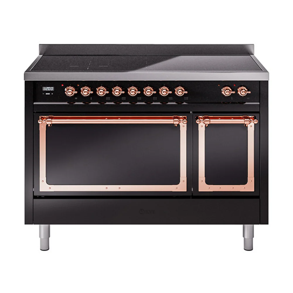 ILVE Nostalgie II Noblesse 48-Inch Induction Range with Solid Door Oven in Glossy Black with Copper Trim (UNI486QNMPBKP)