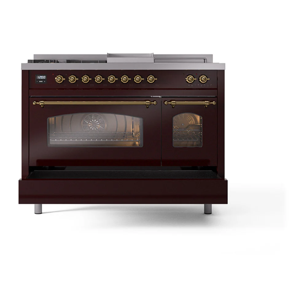 ILVE Nostalgie II 48-Inch Dual Fuel Range with 5 Burners, Griddle, & French Top with Triple Glass Door Oven in Burgundy with Brass Trim (UP48FSNMPBUG)