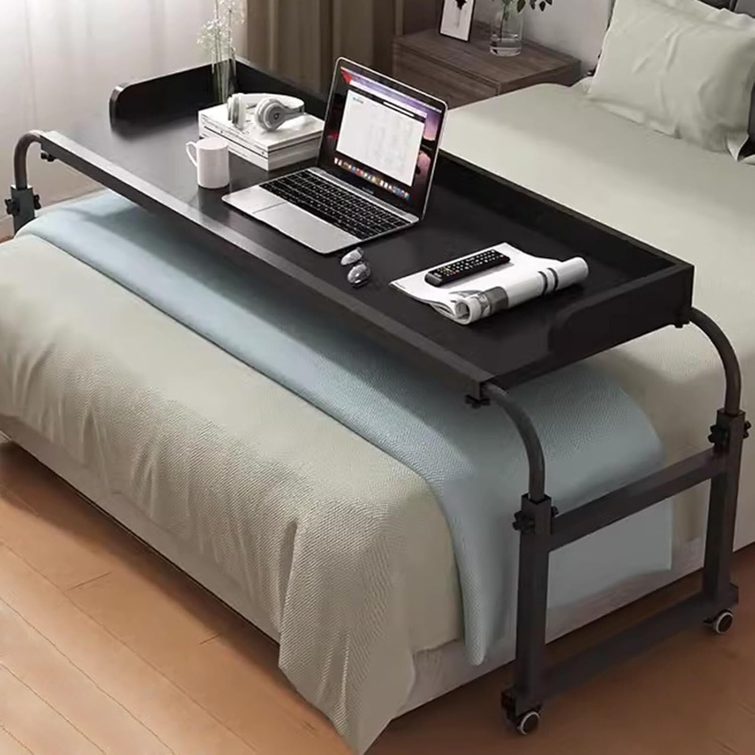 Overbed Rolling Medical Table,Food Tray Desk Computer Desk Over-Bed Tables with Wheels Overbed Table Height and Length Adjustable Over Bed Tables Over Bed Table with Desktop Baffle