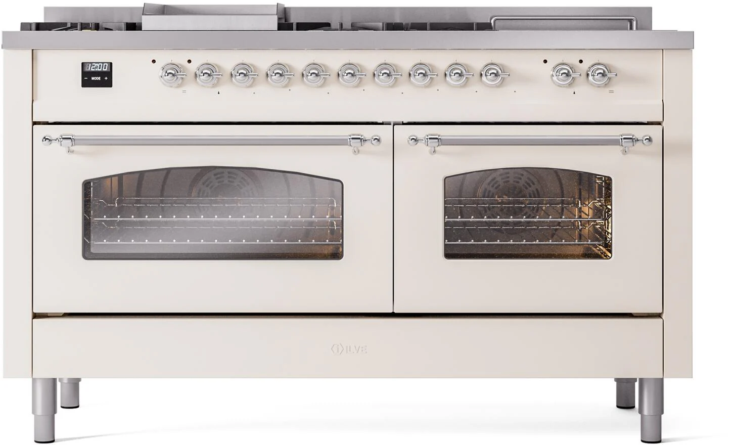 ILVE Nostalgie II 60-Inch Dual Fuel Range with 7 Burners, Griddle, & French Top with Triple Glass Door Oven in Antique White with Chrome Trim (UP60FSNMPAWC)