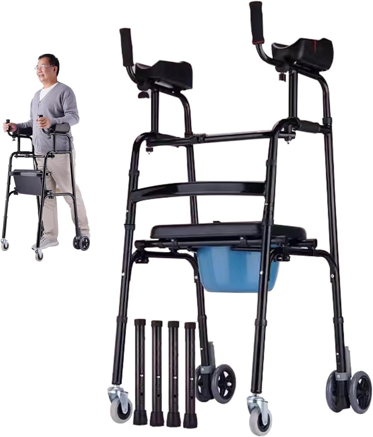 Upright Walker with Arm Support for Senior Auxiliary Wheel Walking Frame Stand Up Rollator Walker with Padded Seat Thick Aluminum Alloy Rehabilitation