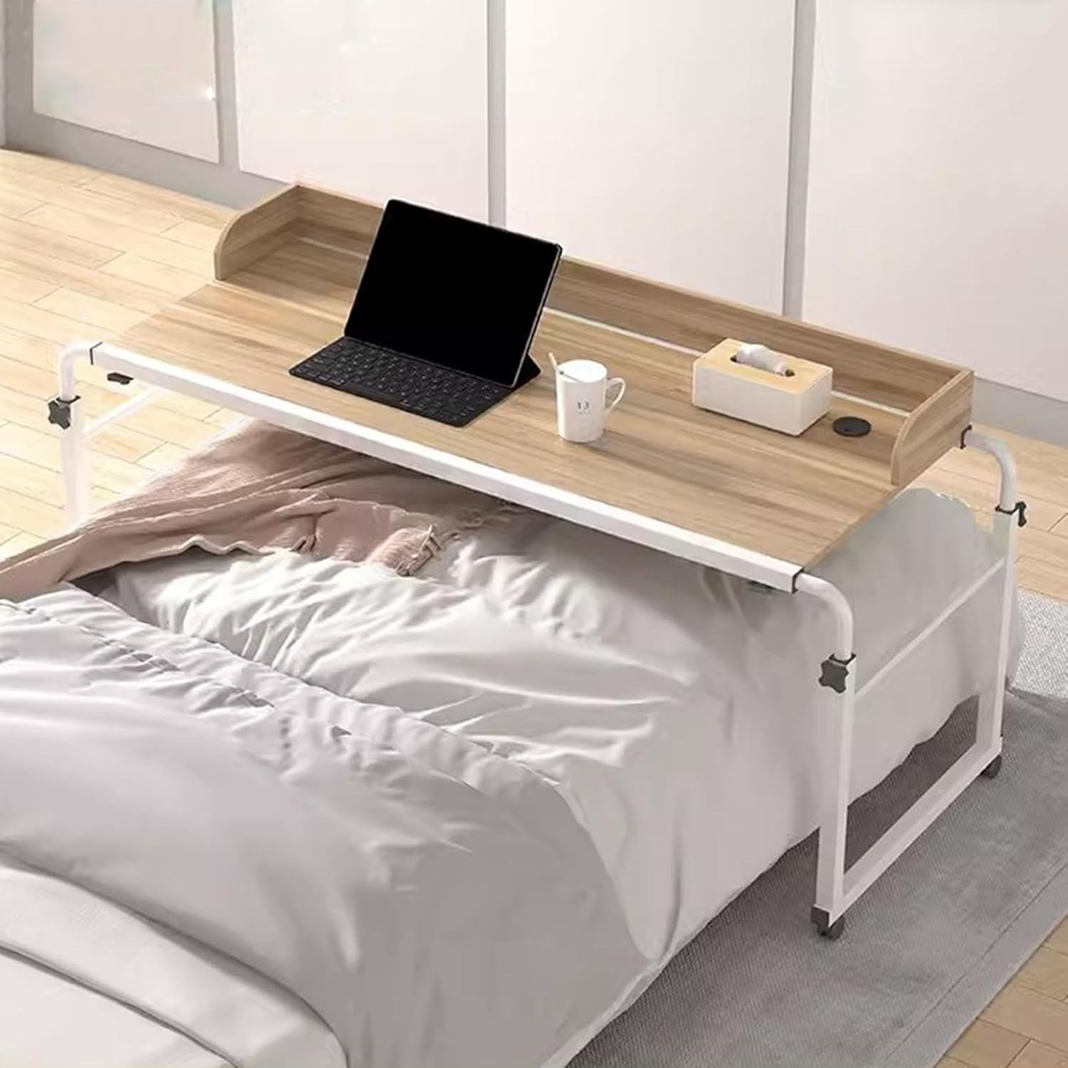 Overbed Table with Wheel，Over Bed Desk Height Adjustable 65-95cm Laptop Cart Over Bed Desk Standing Over Bed Table King Size Food Tray Desk Rolling Medical Table(Color:Wood)