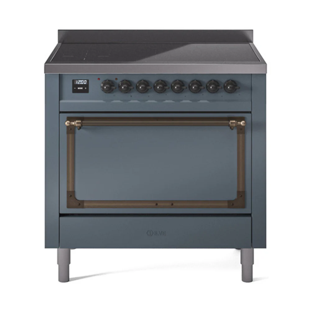 ILVE Nostalgie II Noblesse 36-Inch Induction Range with Solid Door in Blue Grey with Bronze Trim (UNI366QNMPBGB)
