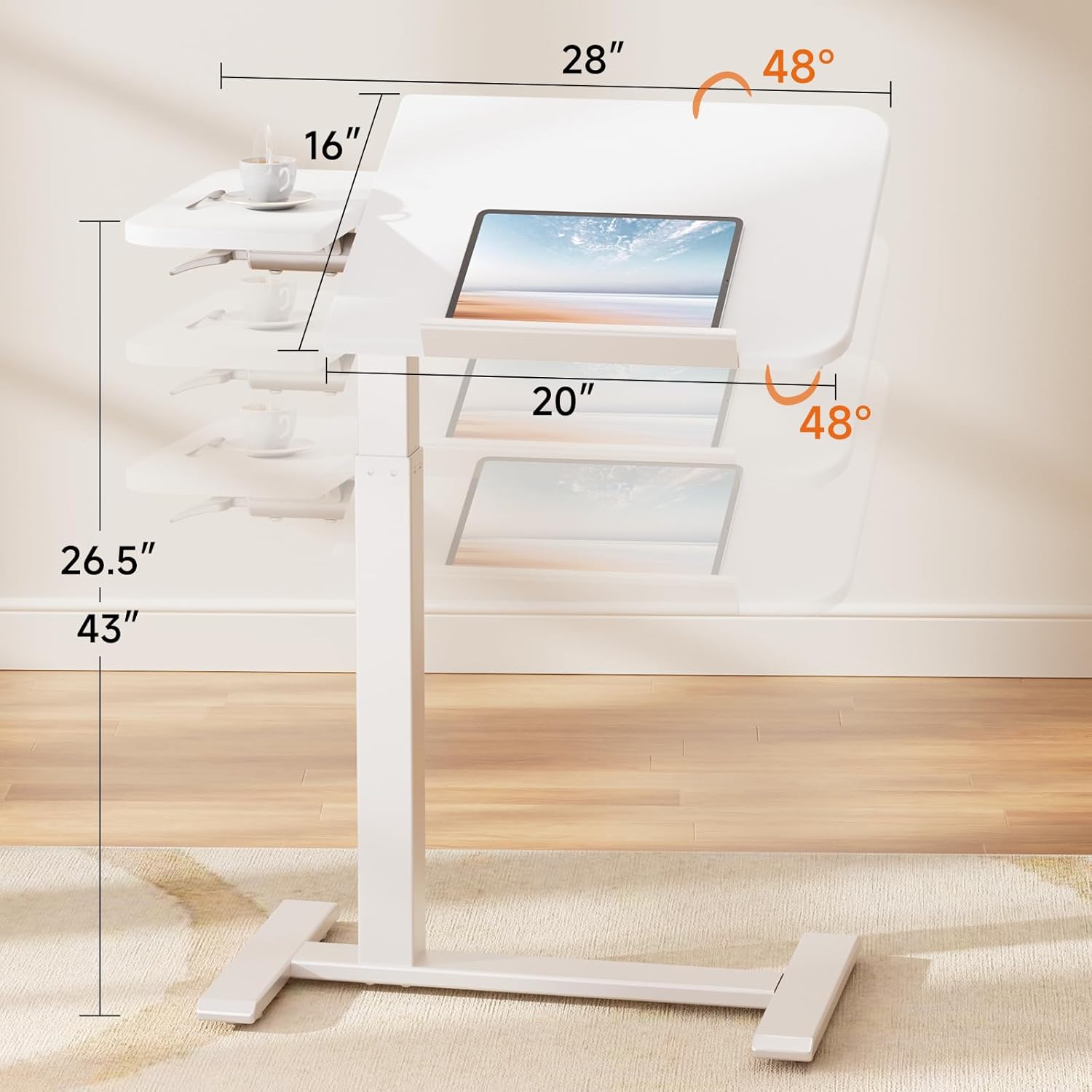 GTRACING Overbed Bedside Table with Wheels,Tiltable Hospital Bed Table Over The Bed, Pneumatic Adjustable Rolling Laptop Desk, Mobile Standing Desk for Hospital and Home Use (White)