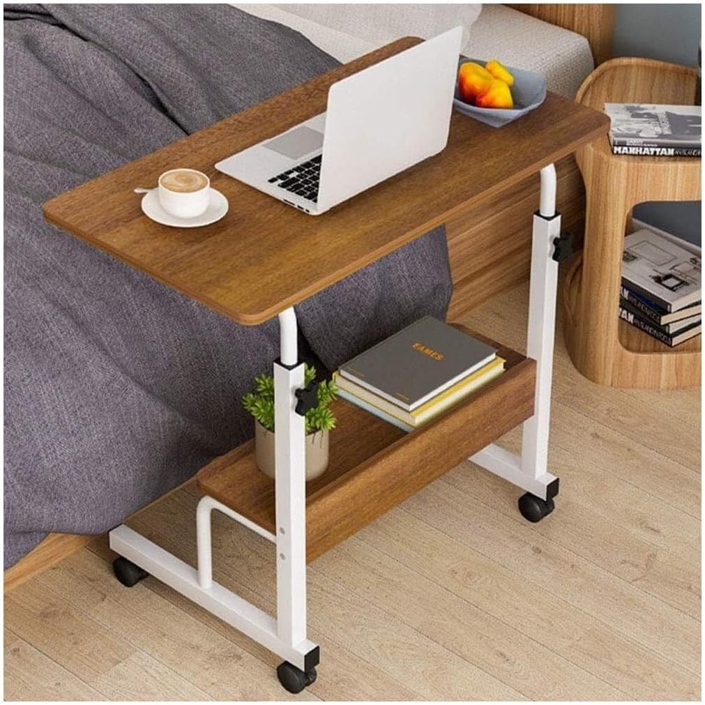 Adjustable Overbed Table with Wheels, Mobile Laptop Desk with Steel Frame, 2-Tier Side Table for Bedside, Office, Home Use(60x40cm)