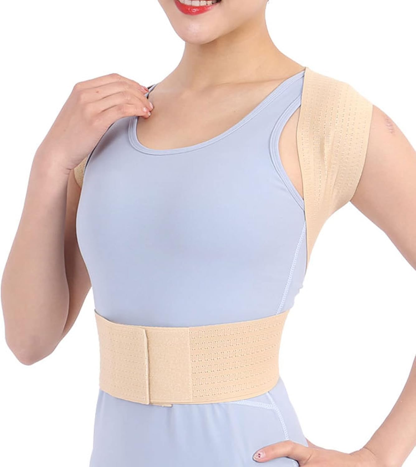 LumPB9rrnforced Belt Vest Adjustable Back Support Strap Shoulder Spine Brace Neck Stretcher Trainer,Flesh,L (Flesh Medium)