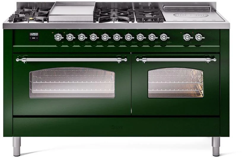 ILVE Nostalgie II 60-Inch Dual Fuel Range with 7 Burners, Griddle, & French Top with Triple Glass Door Oven in Emerald Green with Chrome Trim (UP60FSNMPEGC)