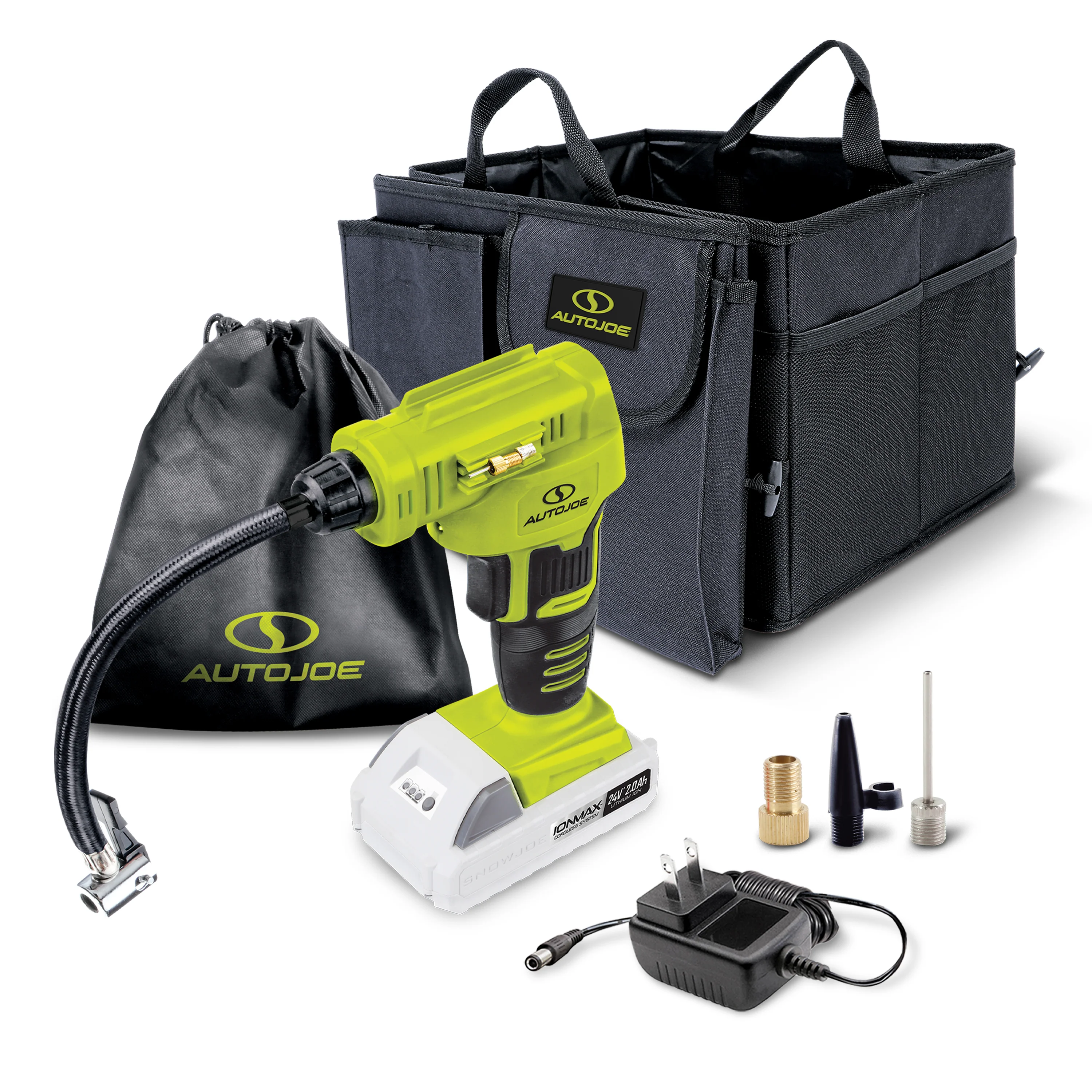 Auto Joe 24V Cordless Air Compressor + Car Organizer Combo | W/ 2.0-Ah Battery + Charger
