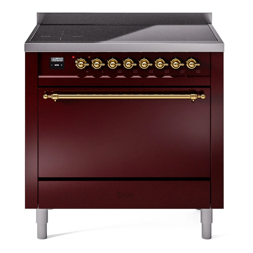 ILVE 36-Inch Nostalgie II Induction Range with Solid Door Oven in Burgundy with Brass Trim (UPI366QNMPBUG)