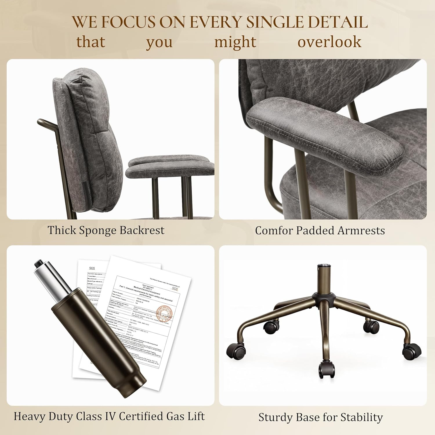 EUREKA ERGONOMIC Becky Mid Century Modern Office Desk Chairs Leather, Comfy Office Chair with Lumbar Support and Arms, Mid Back, Comfortable Thick Cushion, Height Adjustable, 360°Swivel, Cement Grey