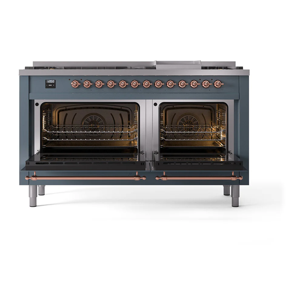 ILVE 60-Inch Nostalgie II Dual Fuel Range with 9 Burners, Griddle and Solid Door Oven in Blue Grey with Copper Trim (UP60FQNMPBGP)