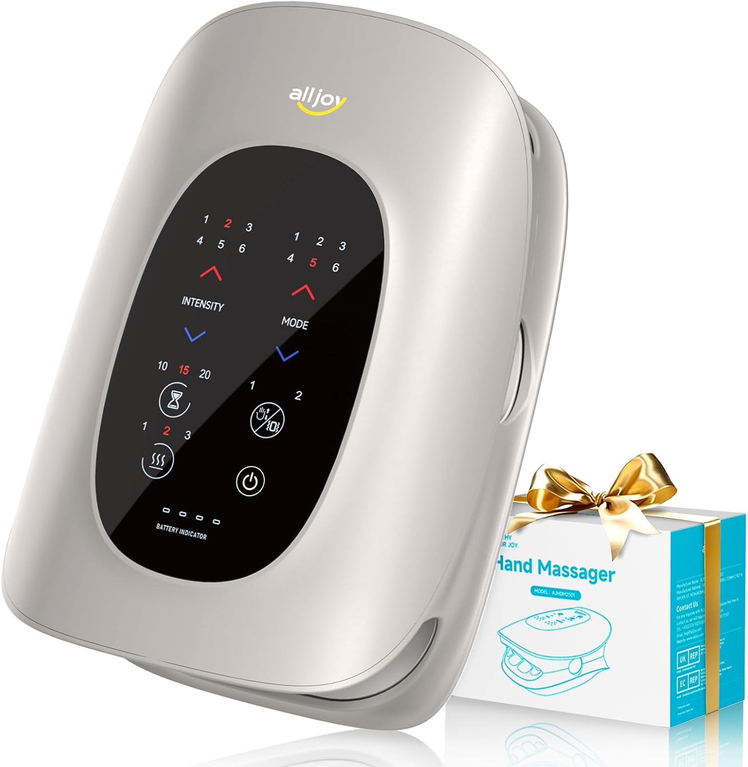 ALLJOY Hand Massager with Heat and Compression, Knuckle Stretching and Hand Massage, 6 Modes 6 Intensities 3 Heat for Arthritis and Carpal Tunnel Relief, Gifts for Women Men(Champagne)