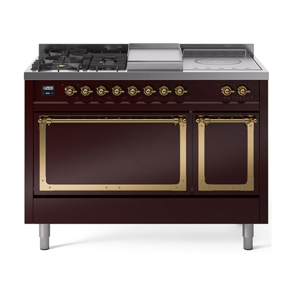 ILVE 48-Inch Nostalgie II Noblesse Dual Fuel Range with 5 Sealed Burners, Griddle, French Top and Solid Door Oven in Burgundy with Brass Trim (UN48FSQNMPBUG)