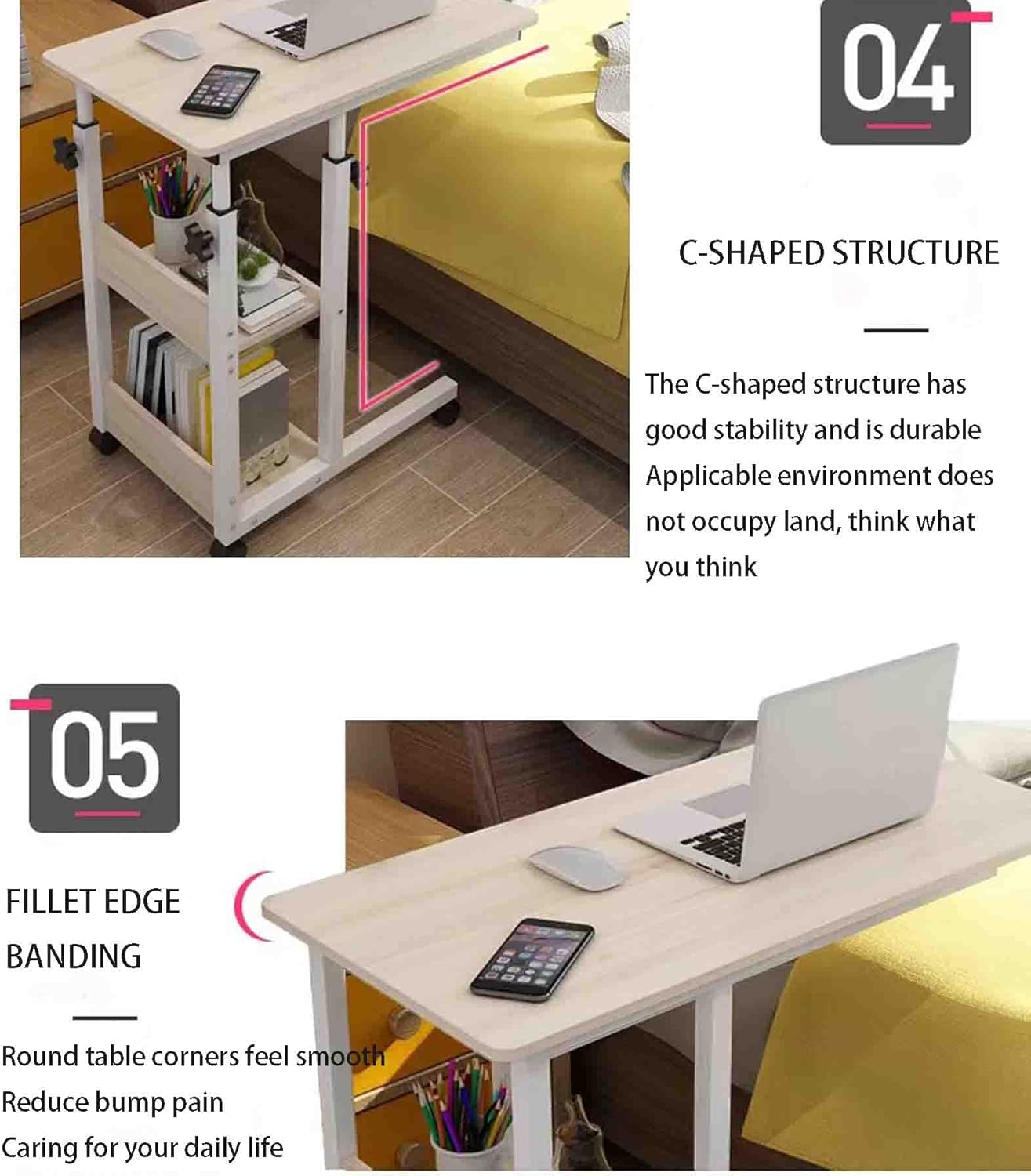 Overbed Table with Wheels,Bedside Table Mobile Table Bedside Hanging Table Manual Lifting Desk Can Put Keyboard,Hospital Medical Use