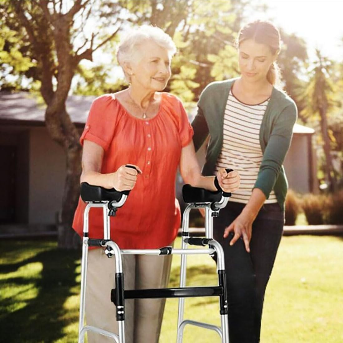 HAILM Foldable Stand Walker with Removable Armrests, 8 Height-Adjustable Aluminum Walkers, Heavy Duty Rollator with Arm Support, Front Wheeled Walker for Seniors, Elderly, Handicap