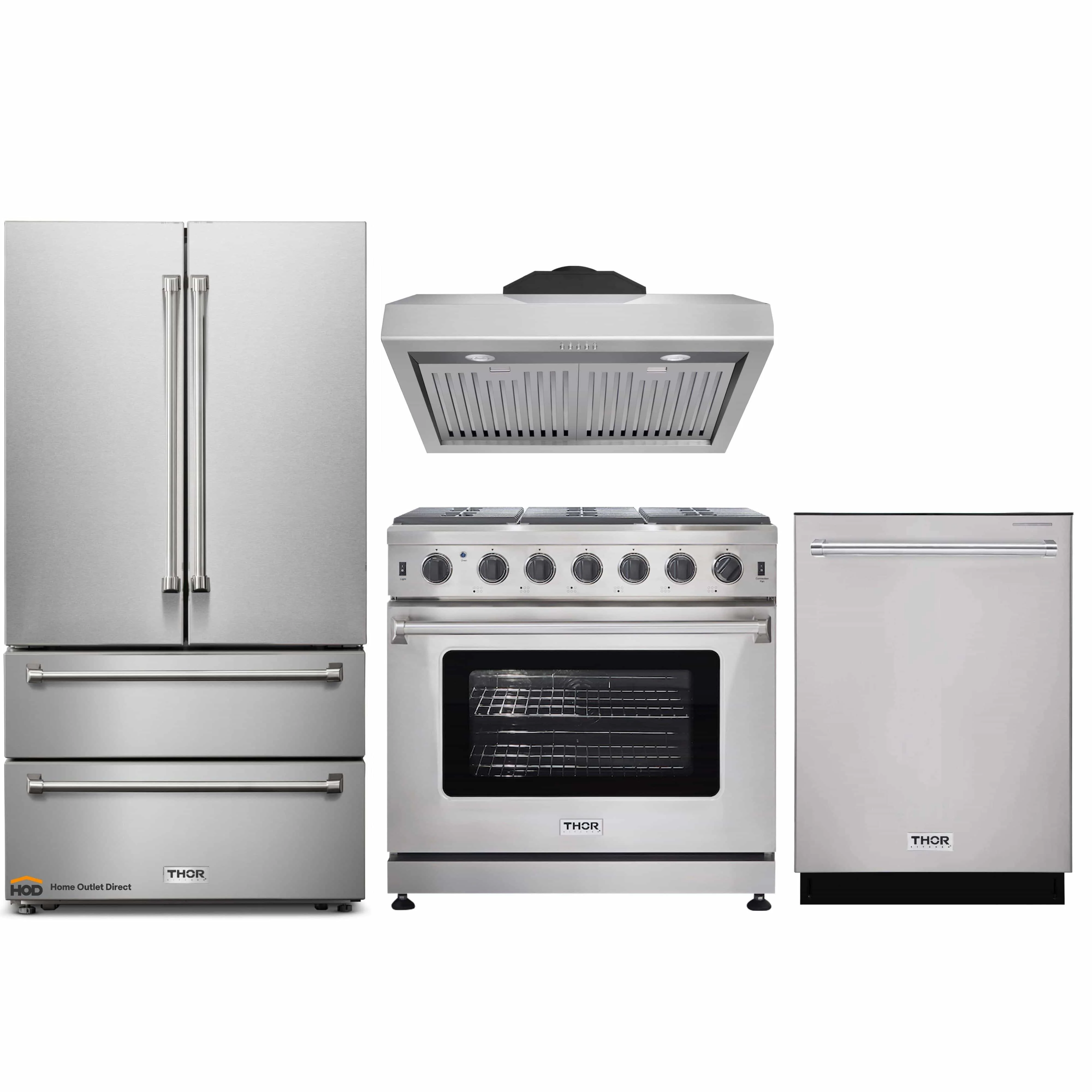 Thor Kitchen 4-Piece Appliance Package - 36-Inch Gas Range, French Door Refrigerator, Under Cabinet Hood and Dishwasher in Stainless Steel