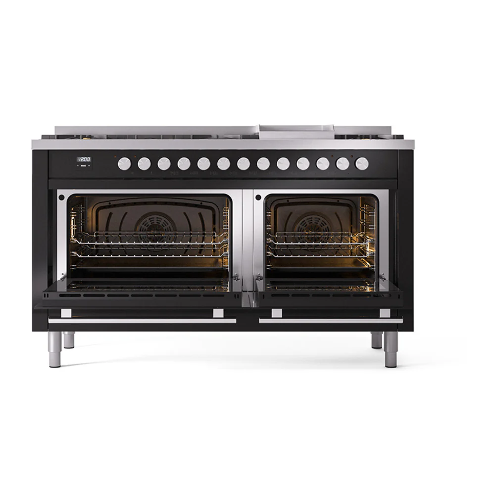 ILVE 60-inch Professional Plus II Dual Fuel Range with 9 Burners, Griddle, and Solid Door Oven in Glossy Black  (UP60FQMPBK)
