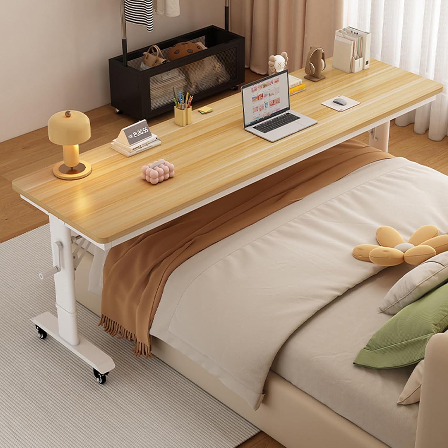 Medical Overbed Table with Wheels and Adjustable Height - Standing Workstation Laptop Desk,Mobile Laptop Cart Computer Desk for Hospital and Home Use,Light Brown-39.4