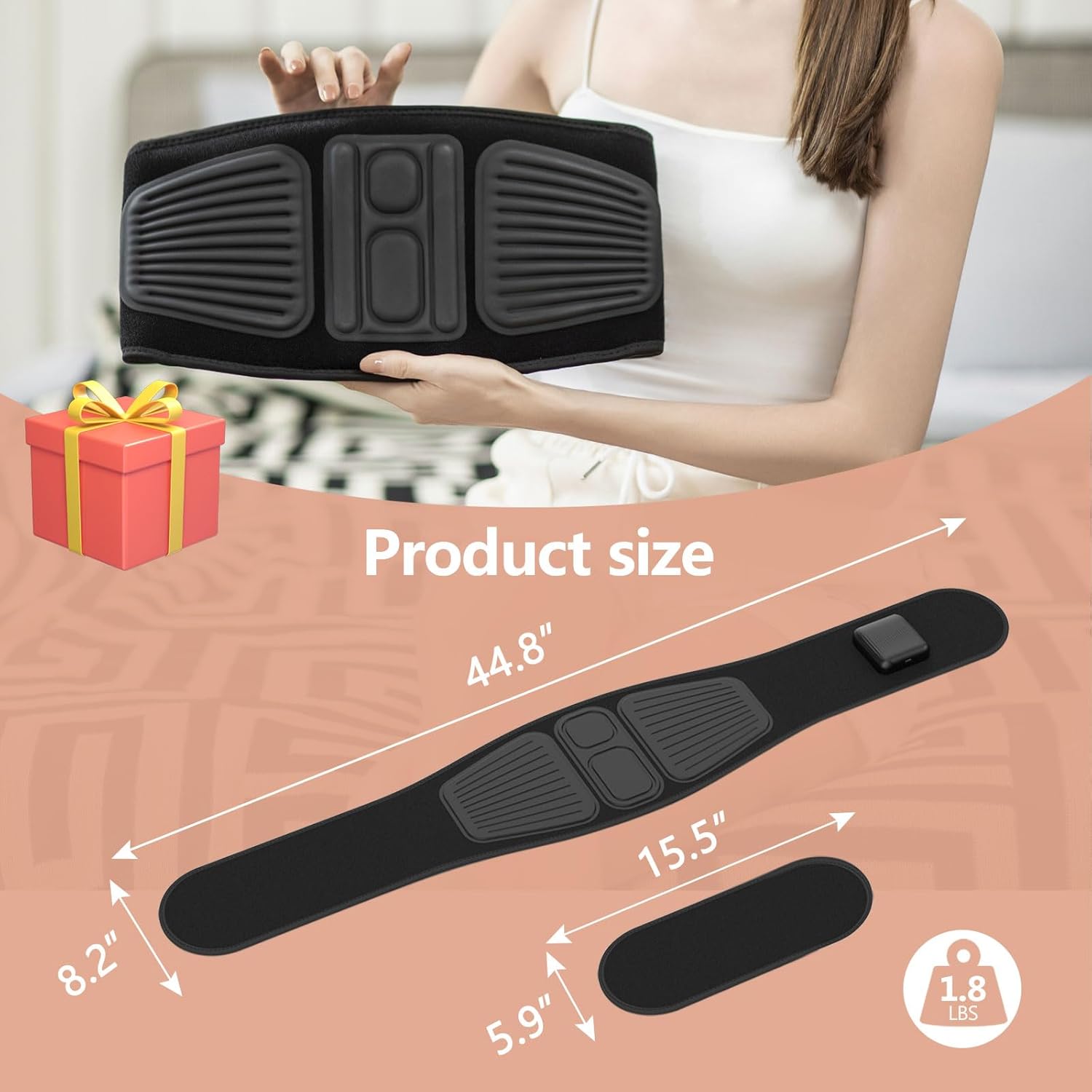 Lower Back Massager Belt with Four Modes Heating & Massage & Red Light, Ergonomic Support Massage Belt with Timer, Portable Cordless Heating Pad for Back Relieve Pain, Battery-Powered