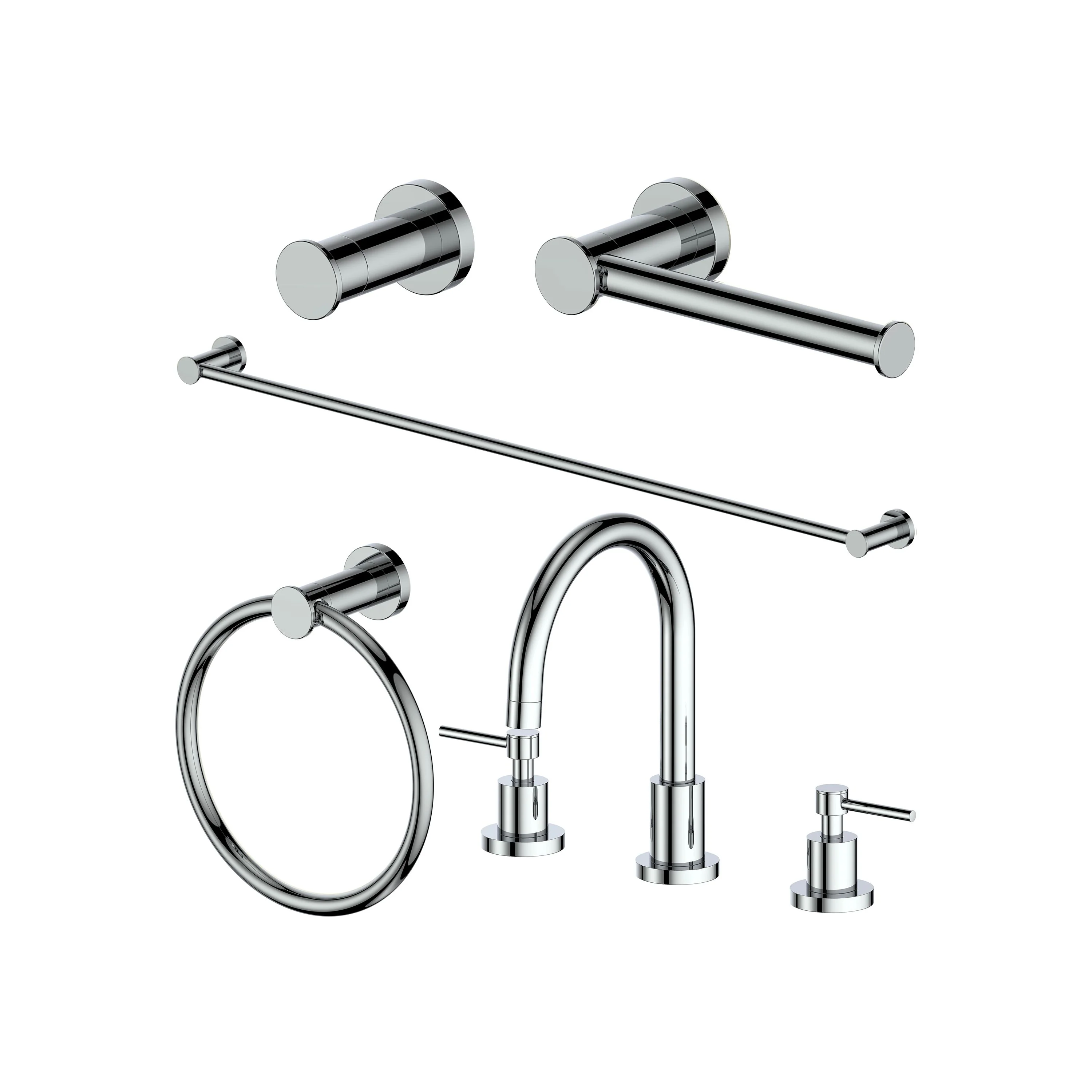 ZLINE Emerald Bay Bathroom Package with Faucet, Towel Rail, Hook, Ring and Toilet Paper Holder in Chrome (5BP-EMBYACCF-CH)