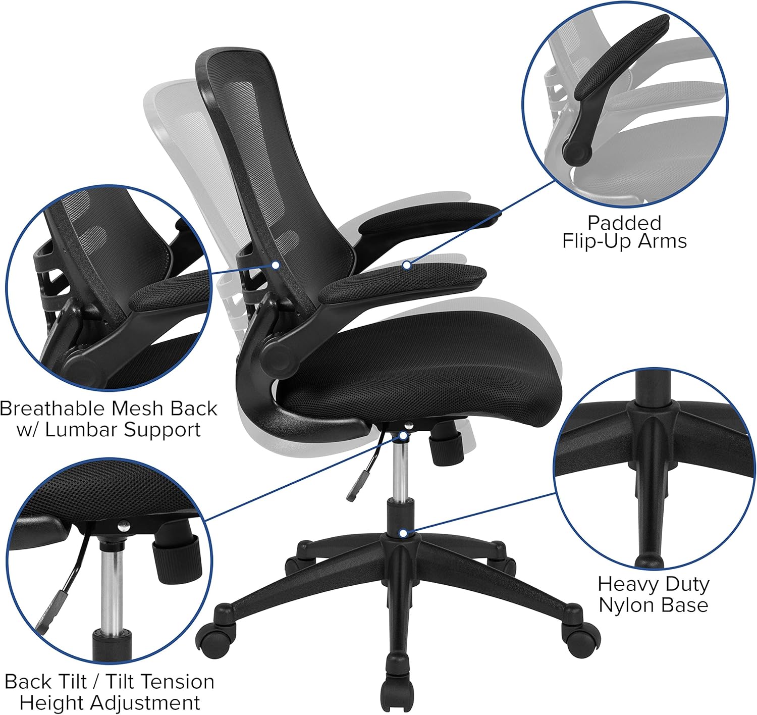 Flash Furniture Set of 8 Mid-Back Swivel Ergonomic Task Office Chairs with Flip-Up Arms, Black Mesh
