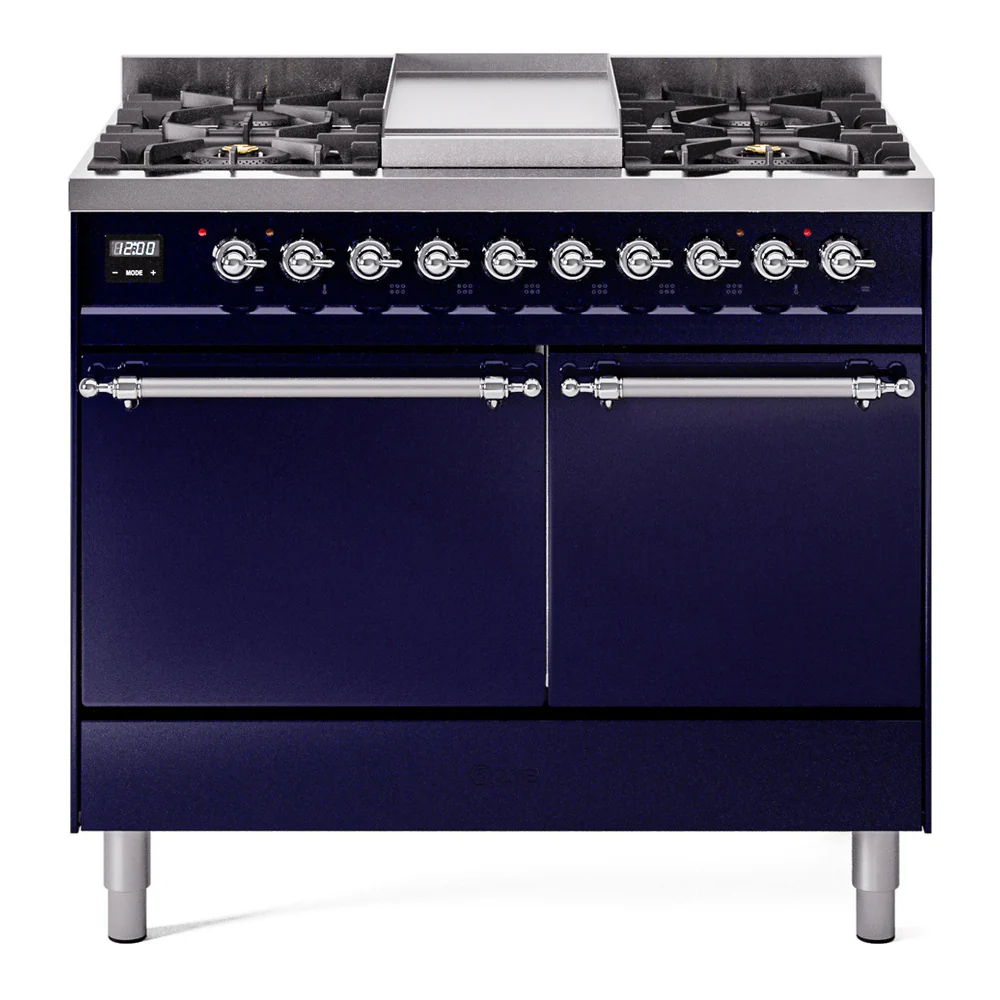 ILVE 40-Inch Nostalgie II Dual Fuel Range with 6 Burners, Griddle and Solid Door Oven in Midnight Blue with Chrome Trim (UPD40FQNMPMBC)