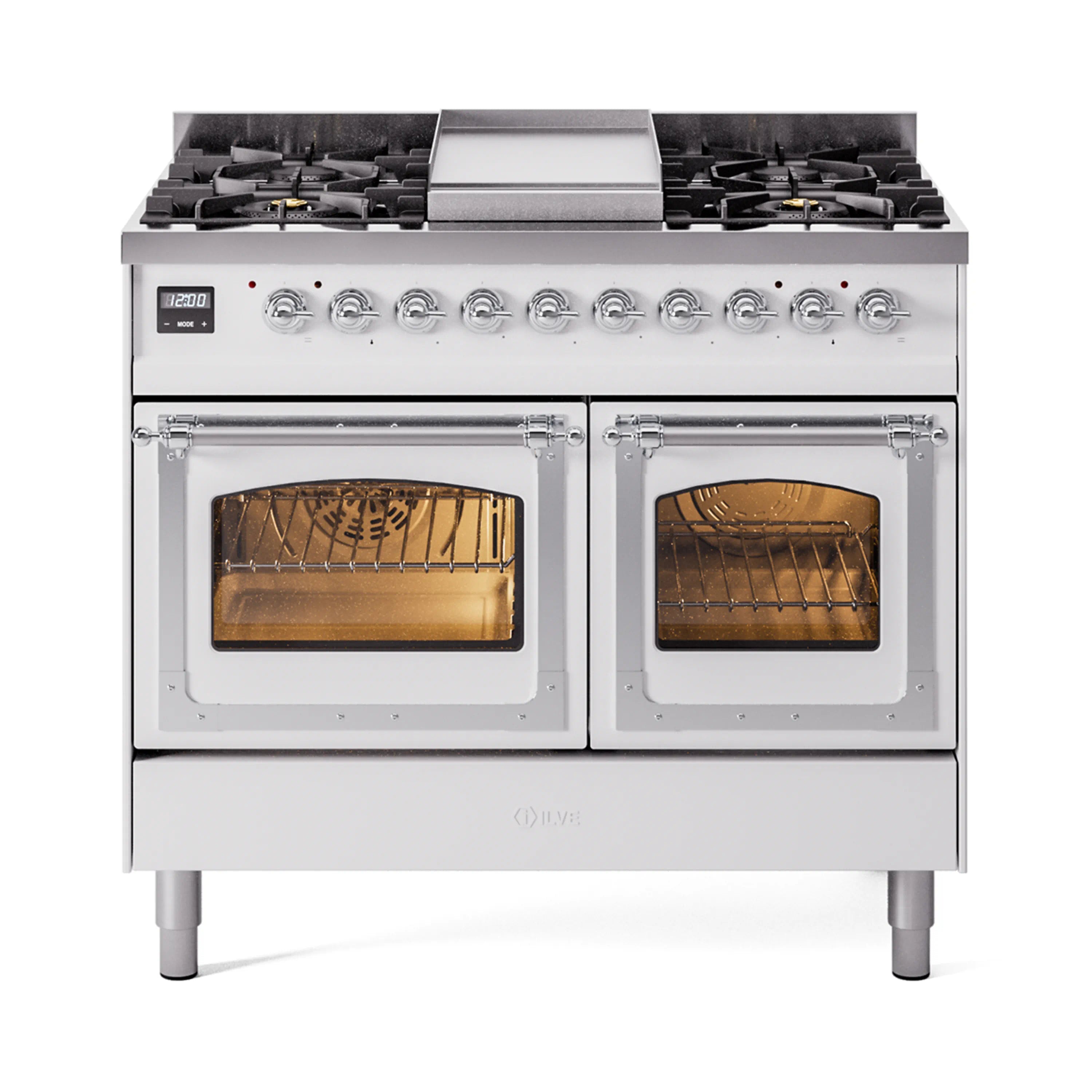 ILVE 40-Inch Nostalgie II Noblesse Dual Fuel Range with Triple Glass Door Oven in White with Chrome Trim (UND40FNMPWHC)