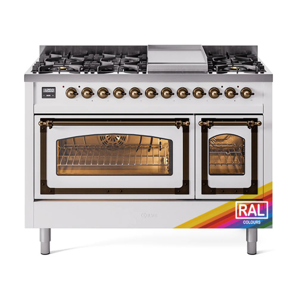 ILVE Nostalgie II Noblesse 48-Inch Dual Fuel Freestanding Range in Custom RAL with Bronze Trim (UN48FNMPRAB)