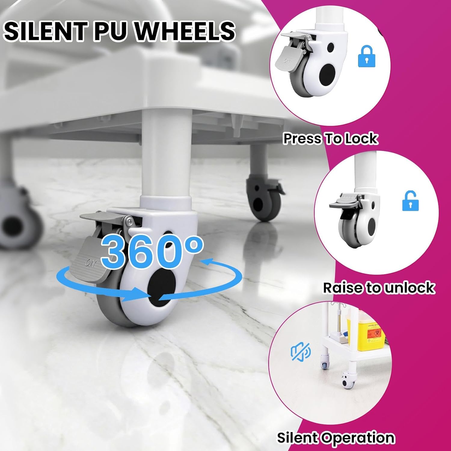 Medical Cart with 2 Drawers & 3 Shelves, 600LBS High Capacity ABS Medical Carts, Versatile Trolley Cart with Locking 360° Silent PU Wheels, Perfect for Clinics, Hospitals, Salons, and Home Use