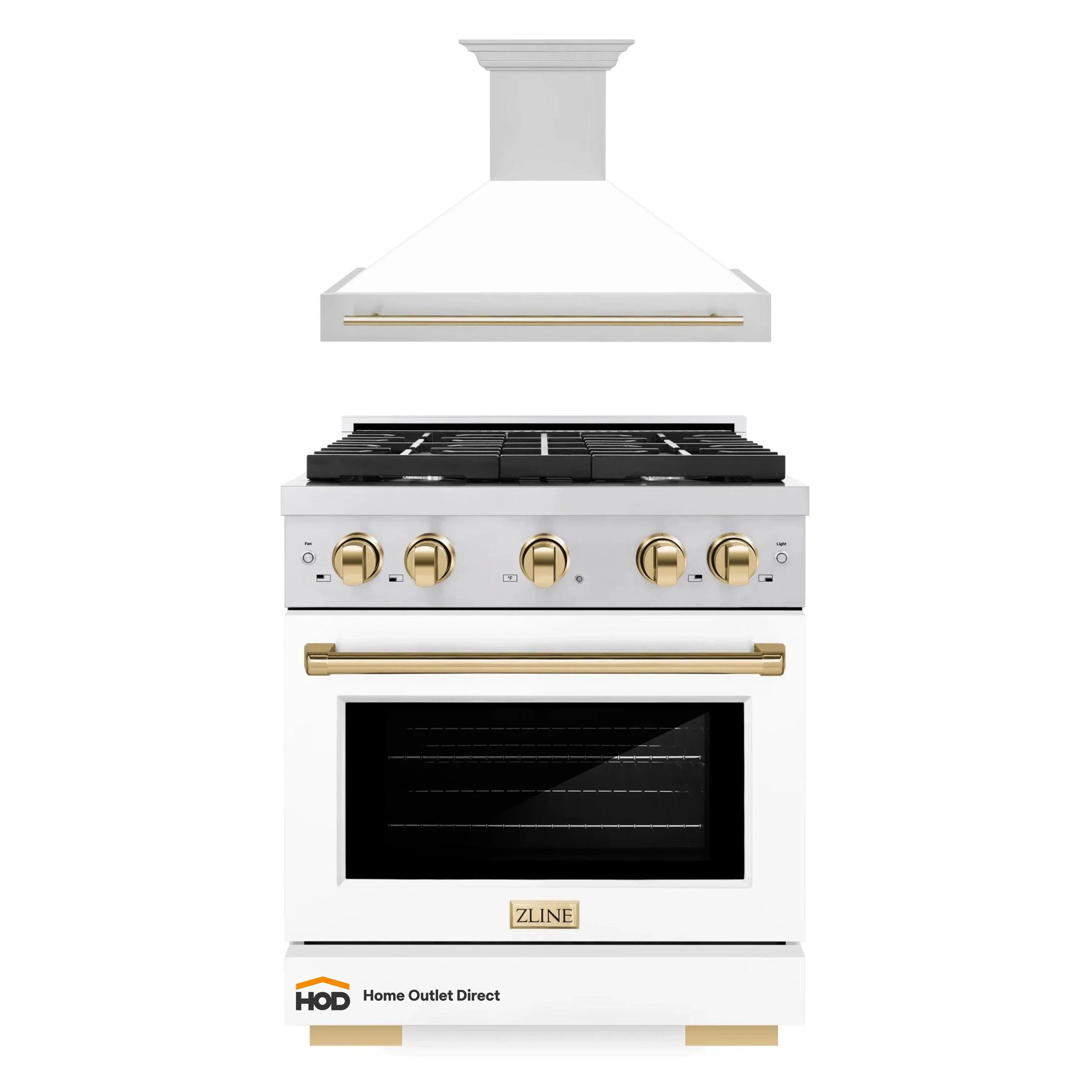 ZLINE Autograph Edition 2-Piece Appliance Package - 30-Inch Gas Range & Wall Mounted Range Hood in Stainless Steel and White Door with Gold Trim (2AKP-SGRWMRH30-G)