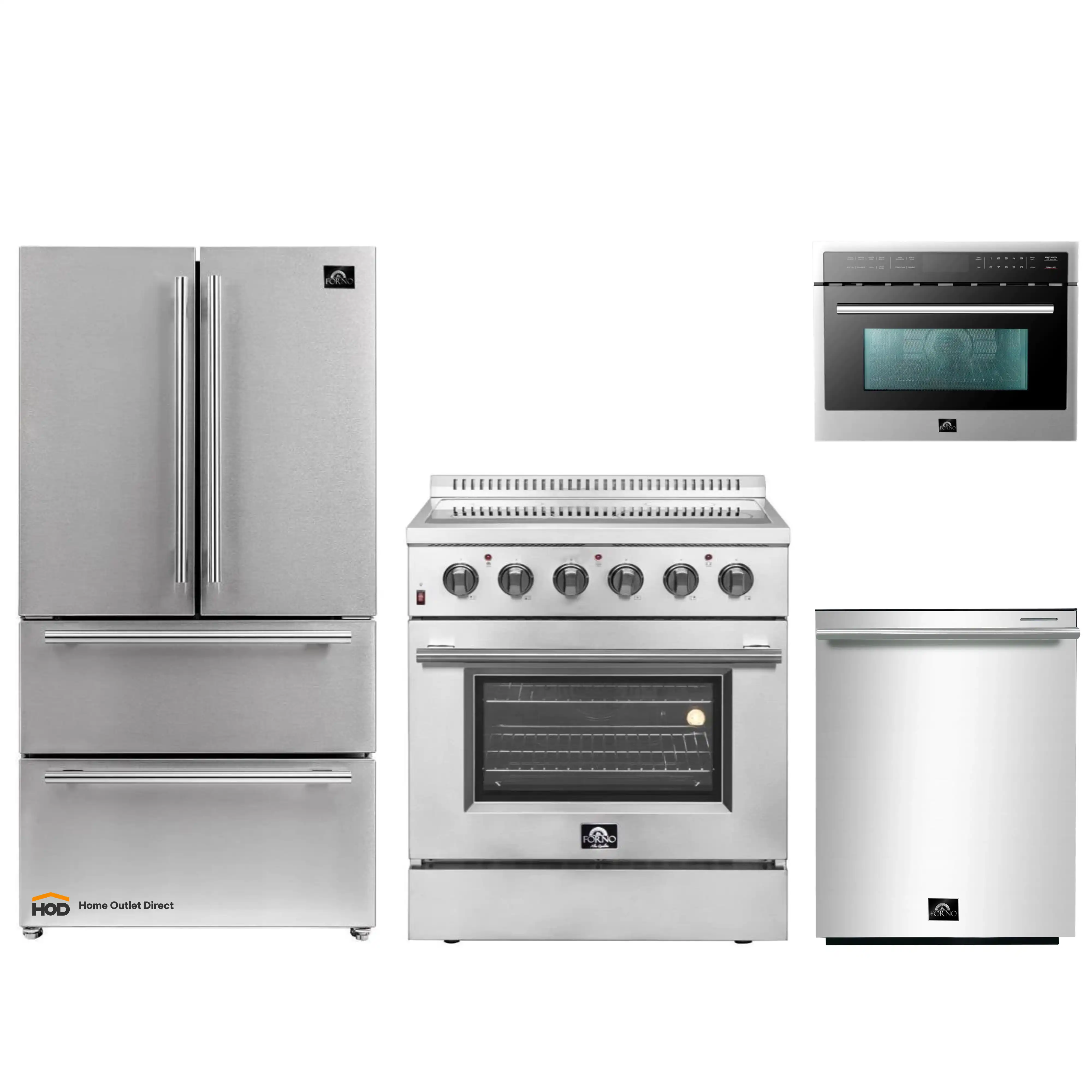 Forno 4-Piece Appliance Package - 30-Inch Electric Range, French Door Refrigerator, Dishwasher, and 24-Inch Microwave Oven in Stainless Steel