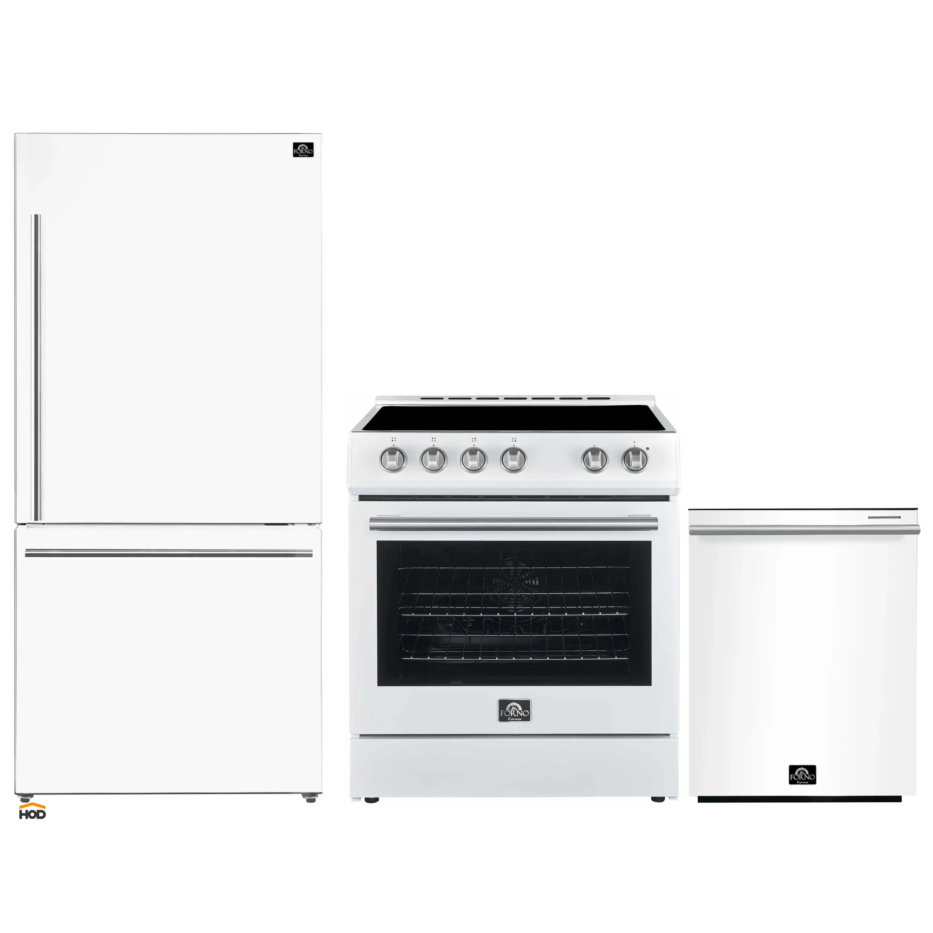 Forno 3-Piece Appliance Package - 30-Inch Leonardo Espresso Electric Range, Refrigerator, & Dishwasher in White with Stainless Steel Handle (FBDL-007-03US)