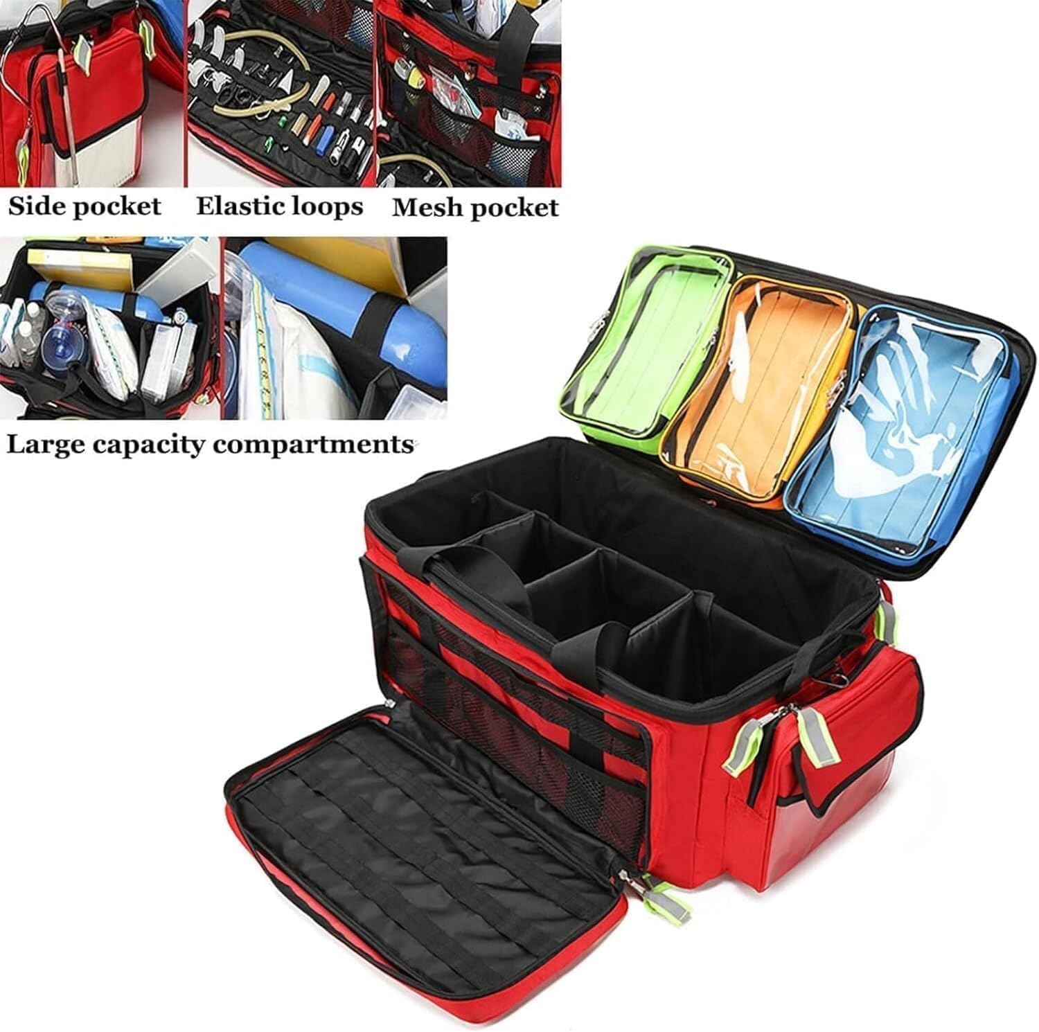 Portable First Aid Bag, Large Capacity Medical Bag with Wheels, Multi-Pocket Interior, Non-Slip Feet, Emergency Medical Backpack for Home & Clinical