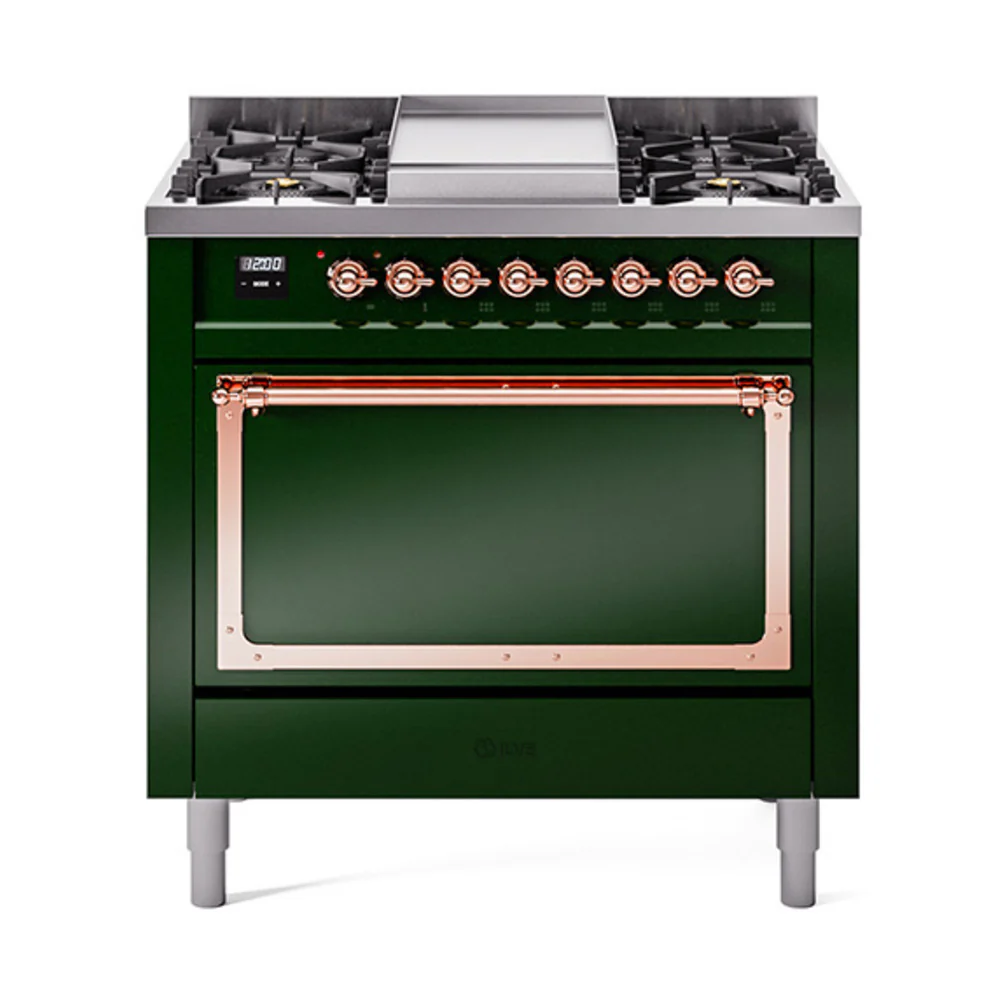 ILVE Nostalgie II Noblesse 36-Inch Dual Fuel Range and Solid Door Oven in Emerald Green with Copper Trim (UN36FQNMPEGP)