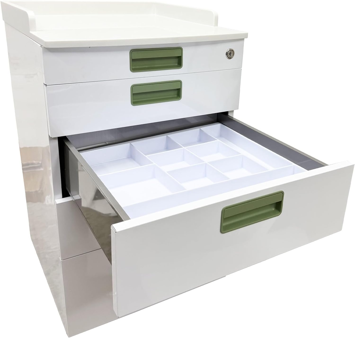 TECHTONGDA 4 Drawer Mobile Dental Assistant Cabinet with Lock and 2 Partition Trays Stainless Steel Medical Cart, White Utility Storage Cart for Clinic Hospital Office Home Use