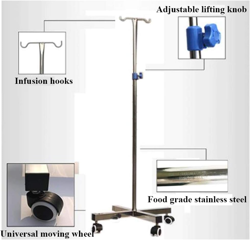 Infusion Stand with 2 Hooks,Height Adjustable Stainless Steel Drip Stand,Portable Clinic Home Use Mobile Drip Vehicles