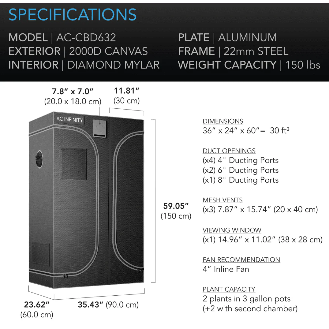 AC Infinity CLOUDLAB 632D 60-Inch Tall 2000D Mylar Canvas Advance Grow Tent