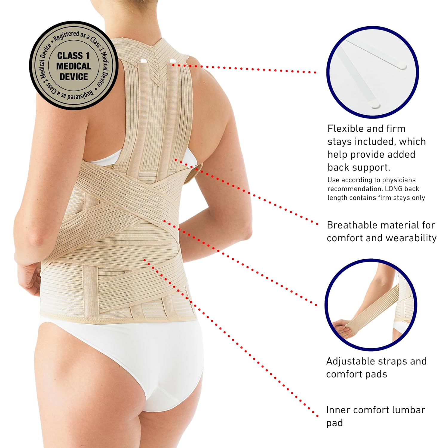 Neo-G Dorsolumbar Support Brace - Back Support For Early Kyphosis, Rounded Shoulders, Posture Correction, Muscular Aches, Lumbar Support - Fully Adjustable - Class 1 Medical Device - Medium - Tan