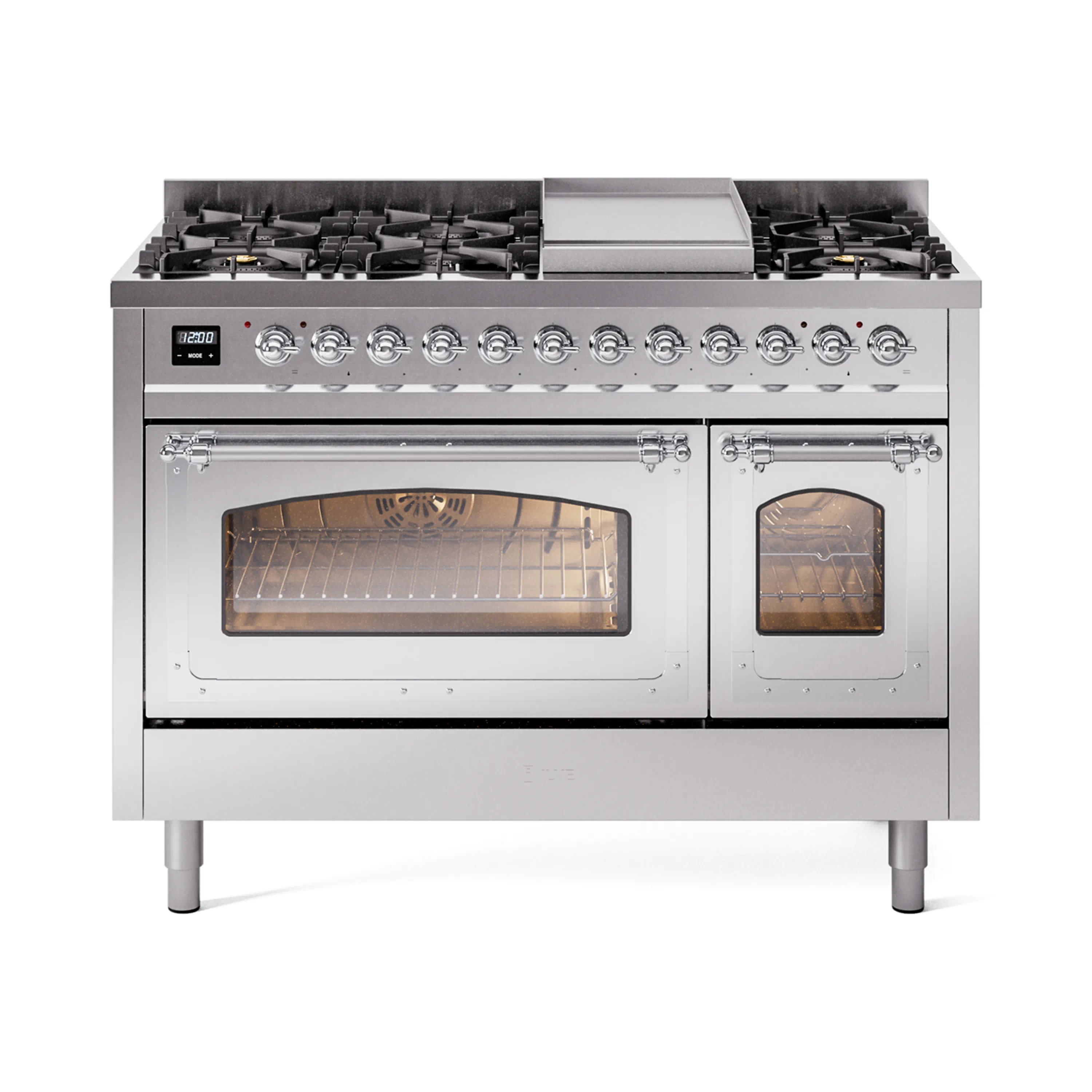 ILVE Nostalgie II Noblesse 48-Inch Dual Fuel Freestanding Range in Stainless Steel with Chrome Trim (UN48FNMPSSC)