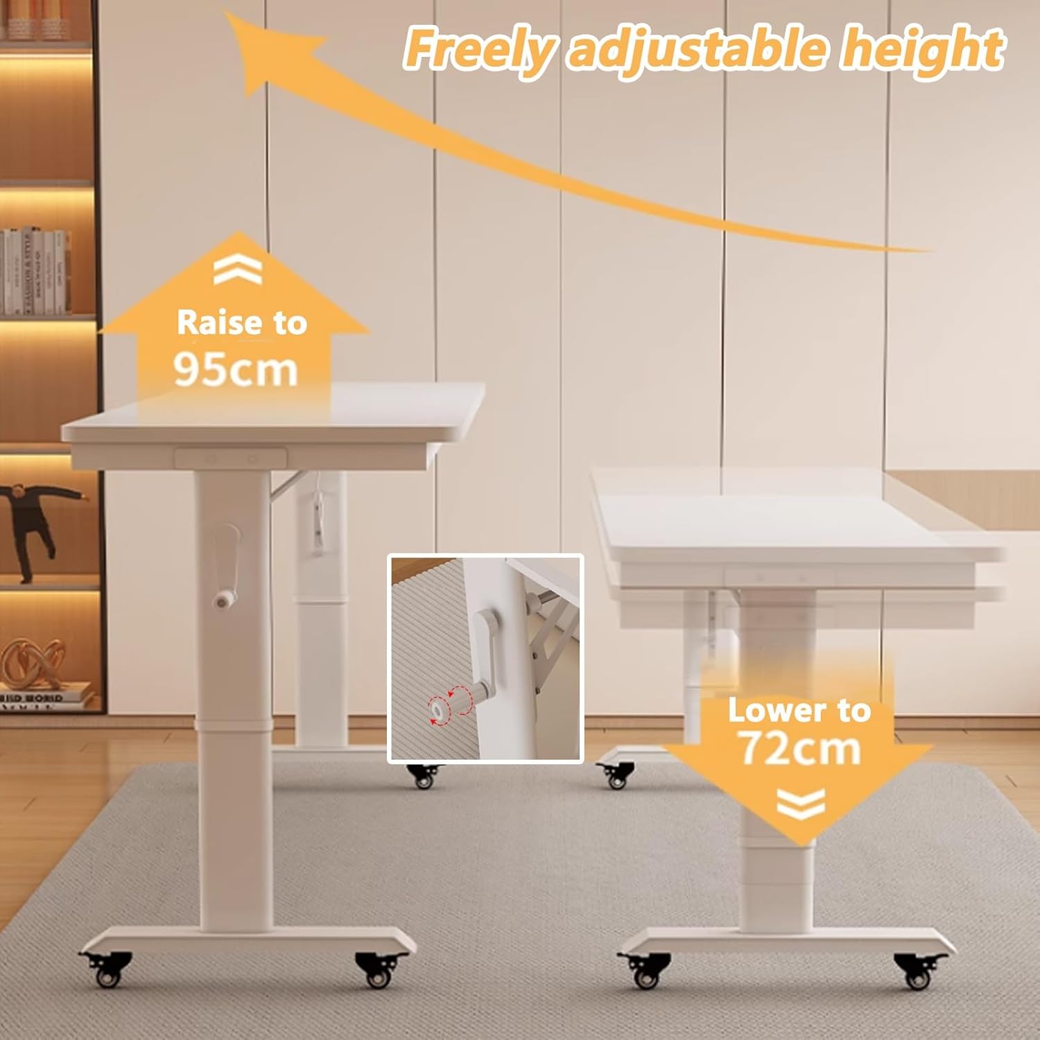 Adjustable Height Overbed Table, Rolling Bed Desk with Hand Crank and 360° Wheels, Cross-Bed Computer Desk, Mobile Laptop Cart for Bedroom, King Size Beds(Black,90.5x19.6in)