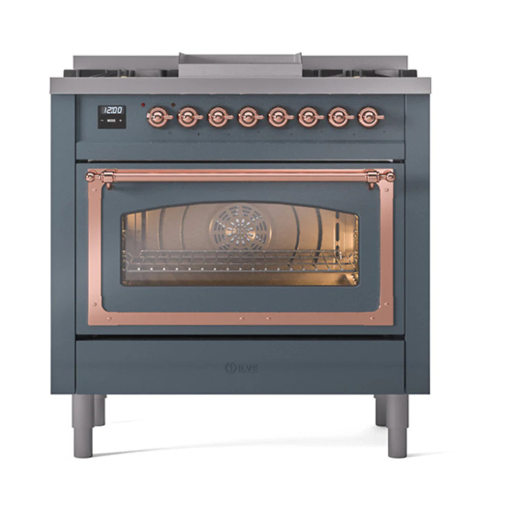 ILVE Nostalgie II Noblesse 36-Inch Dual Fuel Range and Triple Glass Door in Blue Grey with Copper Trim (UN36FNMPBGP)