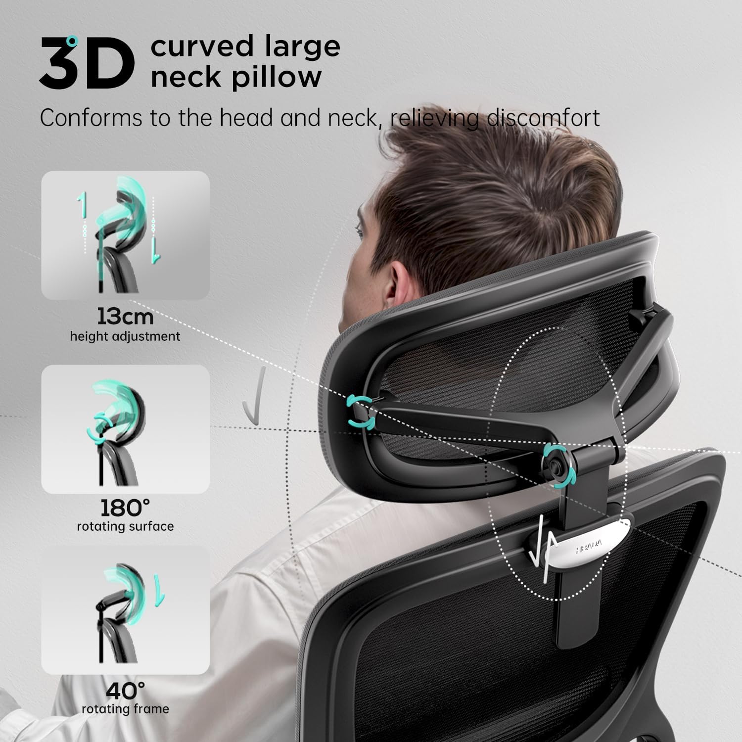 Hbada P2 Ergonomic Office Chair, Office Chair with 3D Lumbar Support, Mesh Chairs with 3D 360° Rotation Arms, 3D Headrest & Comfortable Seat, 135° Stepless Tilt Function, Black