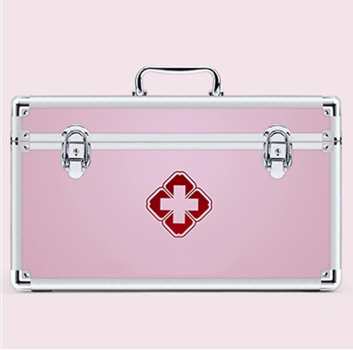 Pink Portable First Aid Medicine Box with Lock, Double-Layer Aluminum Alloy Storage Chest for Home, Office, Travel, Camping & Emergency Use(12 Inch)