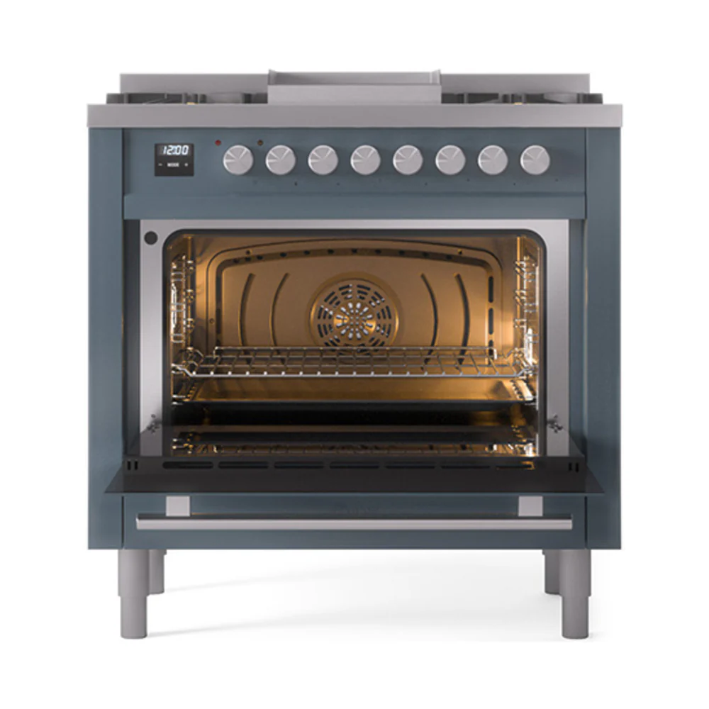 ILVE 36-Inch Professional Plus II Dual Fuel Range with 6 Burners and Solid Door Oven in Blue Grey (UP36FQMPBG)