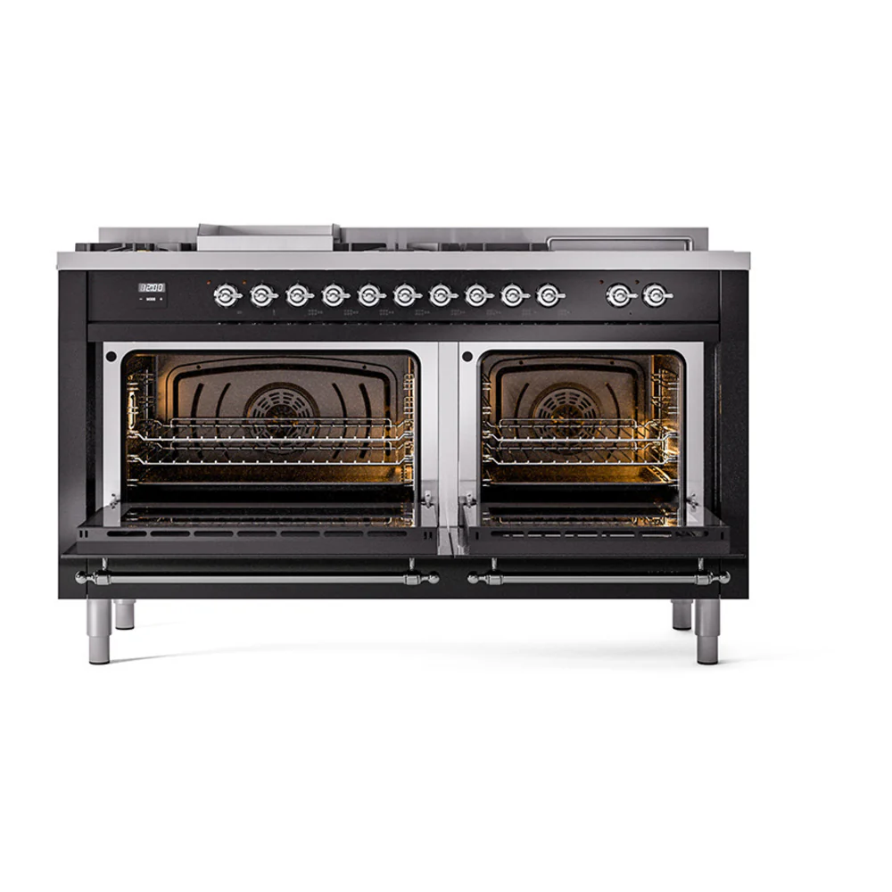 ILVE 60-Inch Nostalgie II Noblesse Dual Fuel Range with 7 Sealed Burners, Griddle, French Top, and Solid Door Oven in Glossy Black with Chrome Trim (UN60FSQNMPBKC)