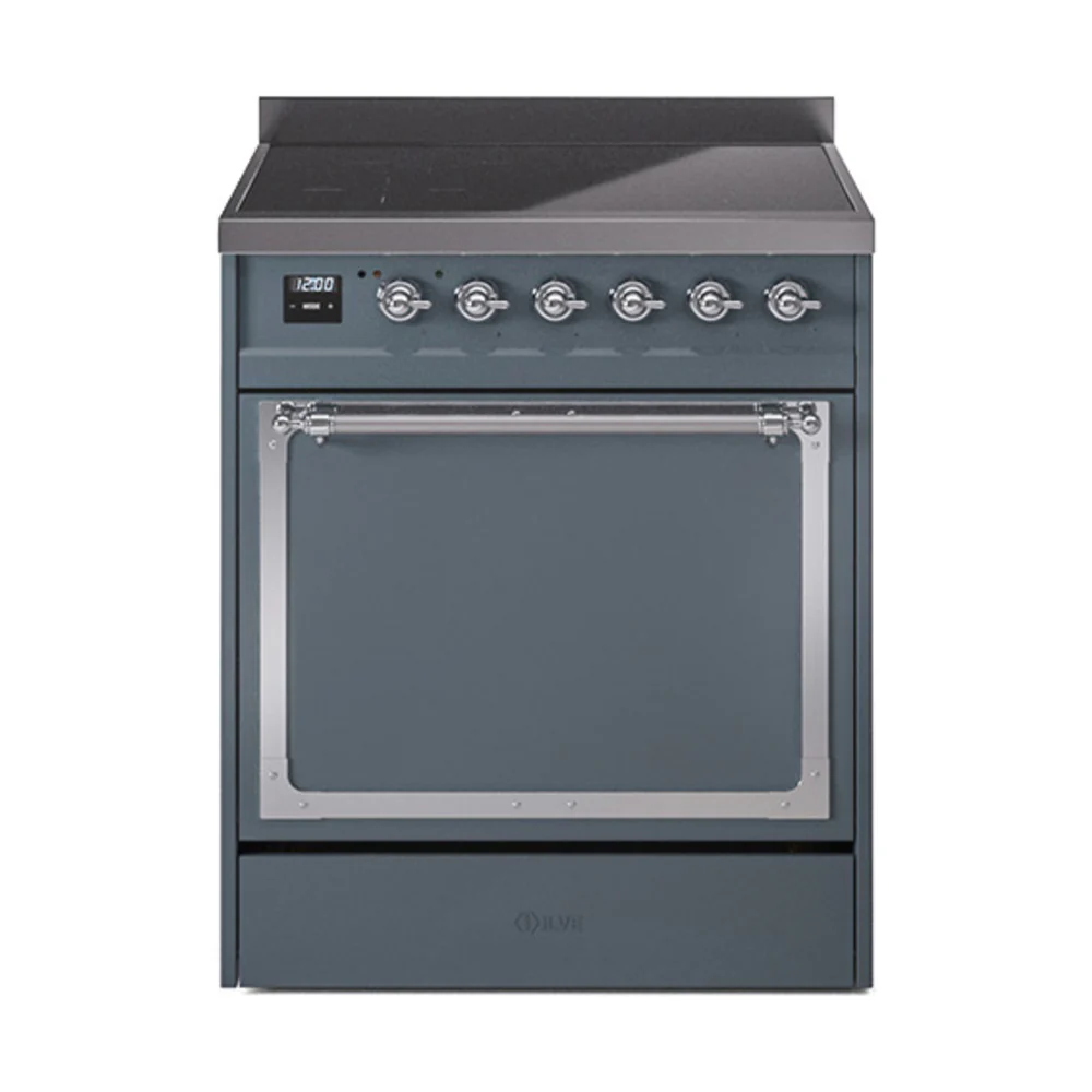 ILVE 30-Inch Nostalgie II Noblesse Induction Range with Solid Door Oven in Blue Grey with Chrome Trim (UNI304QNMPBGC)