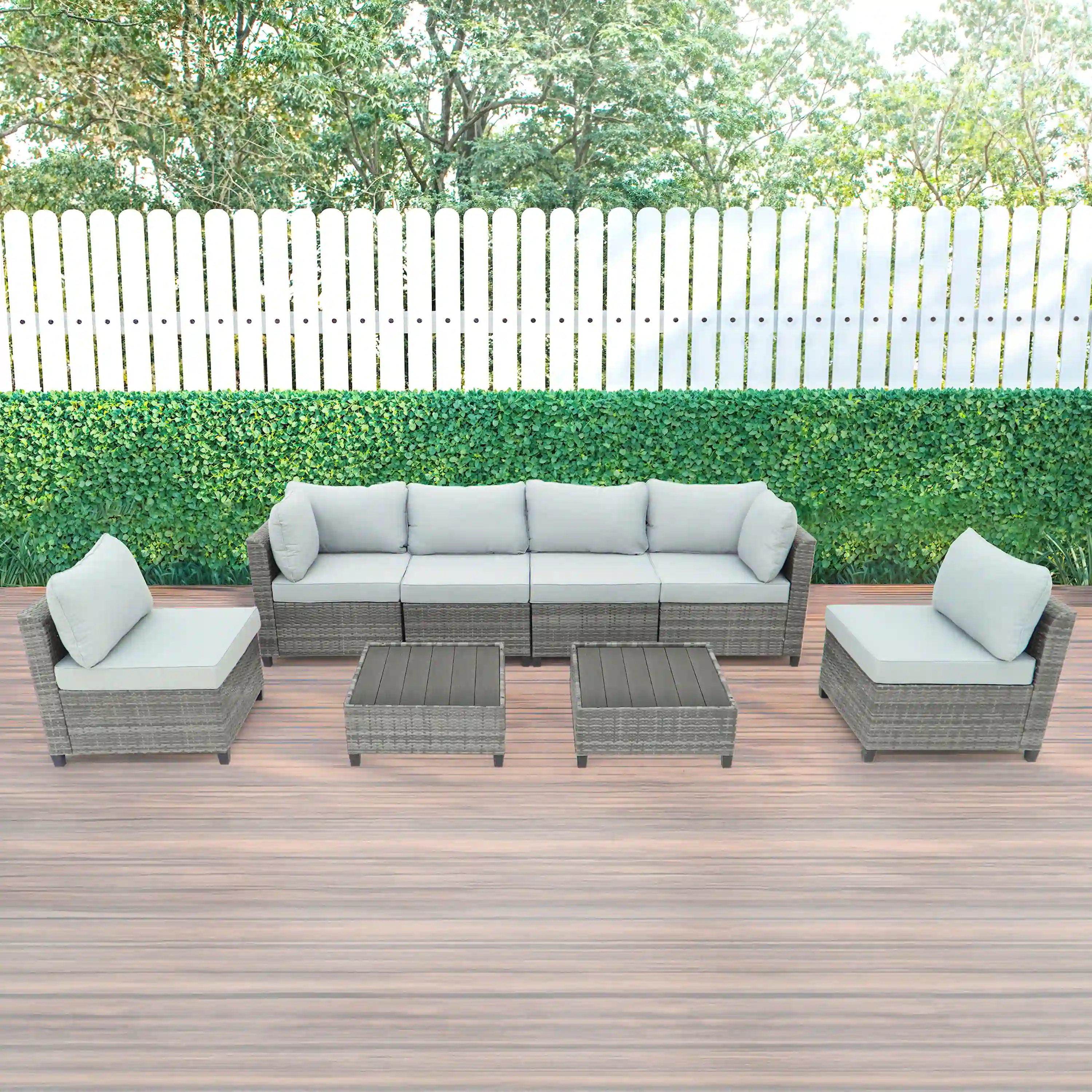 Deko Living 8 Piece Gray Outdoor Sectional Wicker Sofa Chairs and Tables  with Interchangable Blue and Gray Cushion Covers (COP30111)