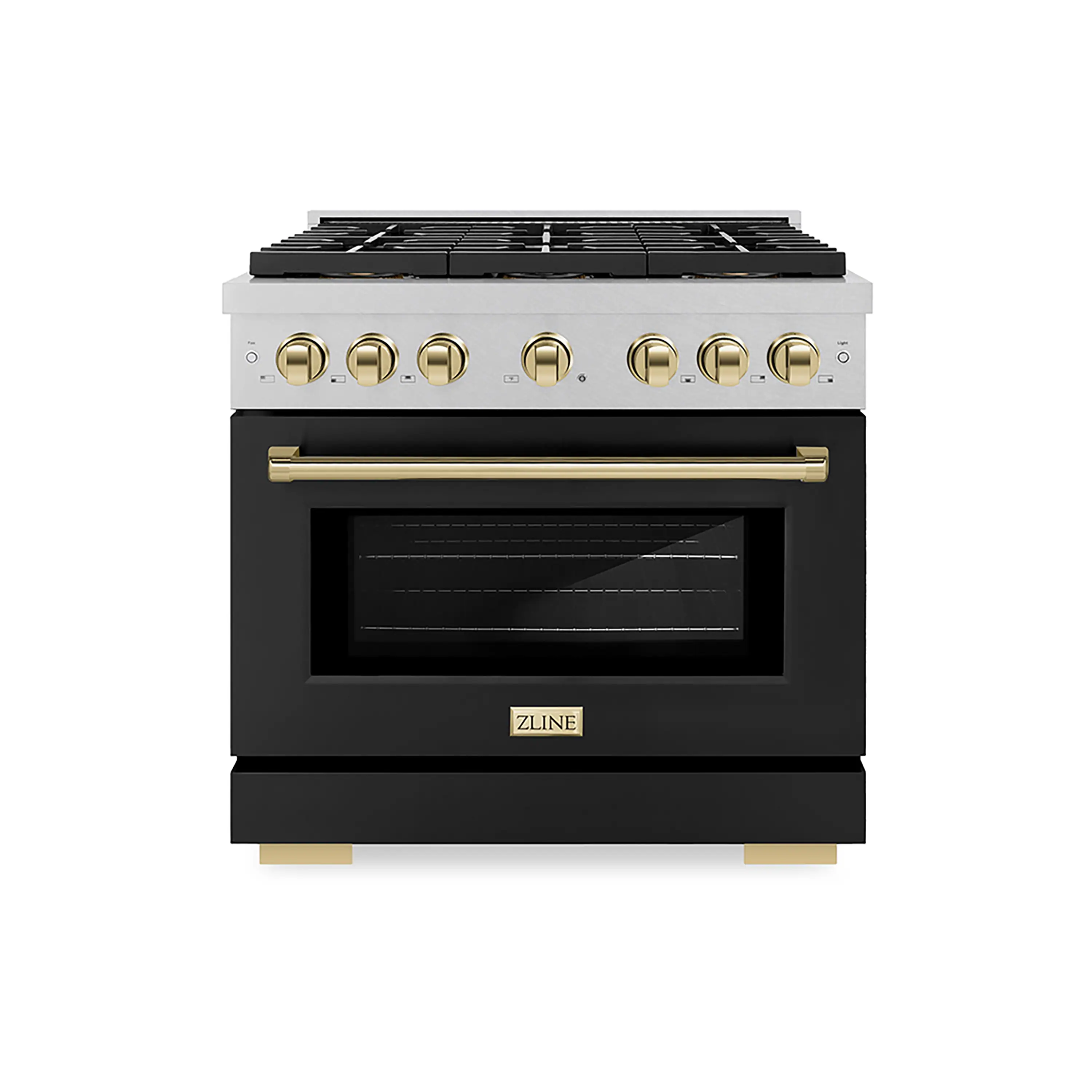 ZLINE Autograph Edition 36-Inch 5.2 cu. ft. Paramount Dual Fuel Range with 6 Burner DuoPro鈩?Cooktop and Electric Convection Oven in Satin Stainless Steel with Black Matte Door and Polished Gold Accents (PSDRSZ-BLM36-G)