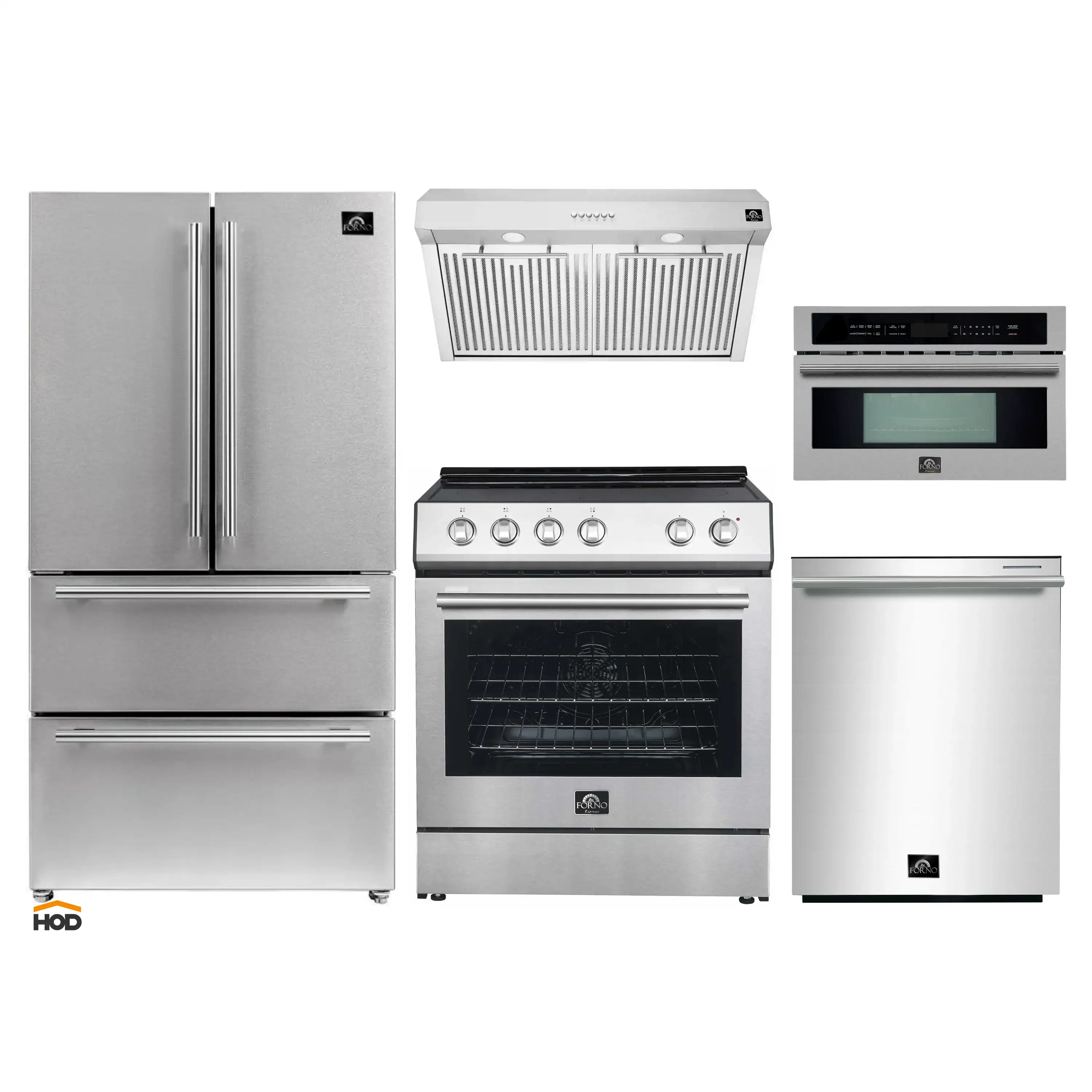 Forno 5-Piece Appliance Package - 30-Inch Electric Range, Under Cabinet Range Hood, Refrigerator, Dishwasher, and 30-Inch Microwave Oven in Stainless Steel